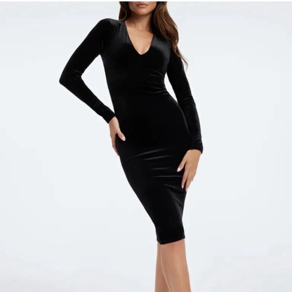 Good American Plunge Neck Long‎ Sleeve Black Velvet Midi Party Dress 4 (XL)